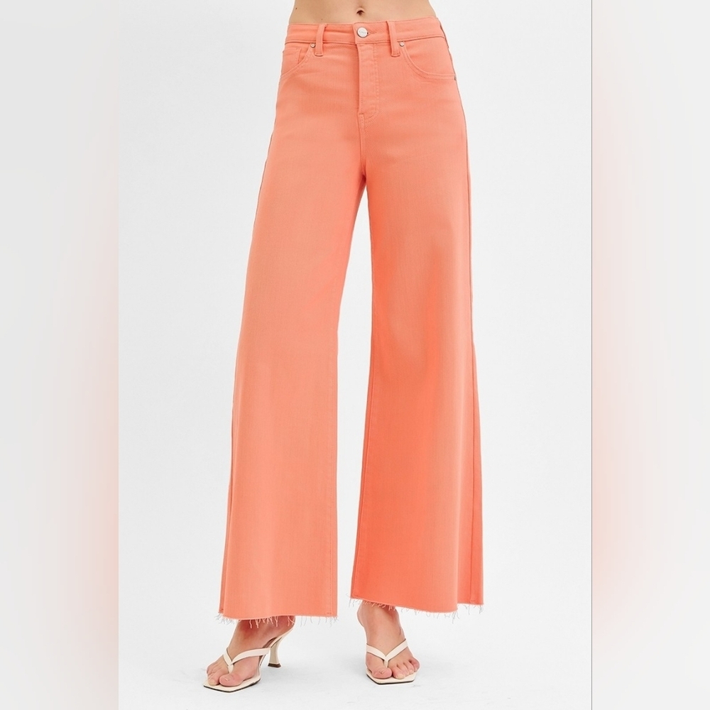 Risen High Rise Tummy Control Wide Leg Palazzo Jeans Coral Peach Various NEW - Picture 2 of 6
